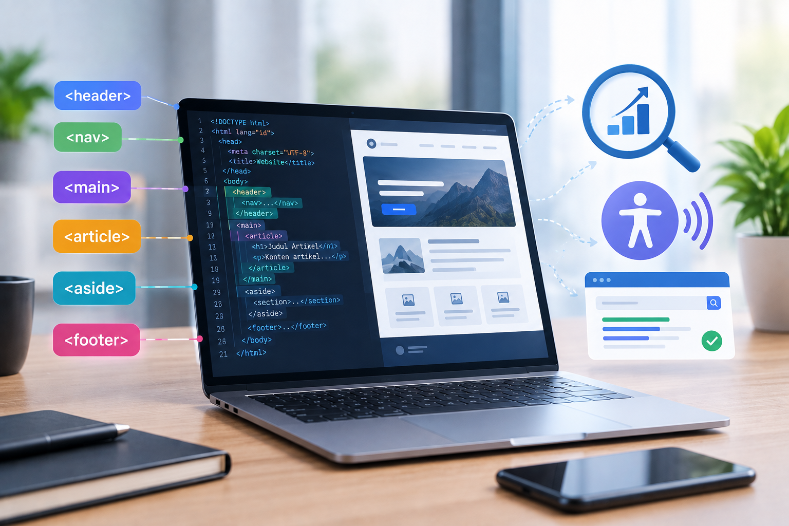 Pentingnya Semantic HTML untuk SEO dan Aksesibilitas Website Modern.